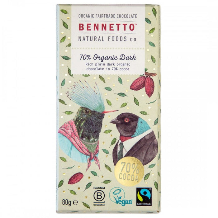 Bennetto 70% Organic Dark Chocolate 80g - The Health Shop