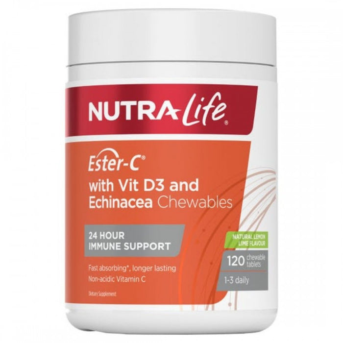 Nutra-Life Ester-C with Vit D3 and Echinacea Chewables 120chewtabs, Lemon/Lime Flavour - The Health Shop
