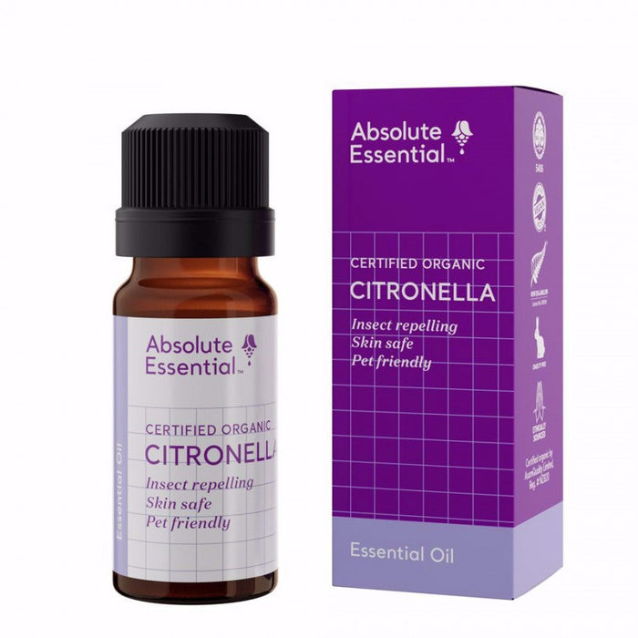 Absolute Essential organic citronella essential oil in a bottle with a protective box for insect repelling
