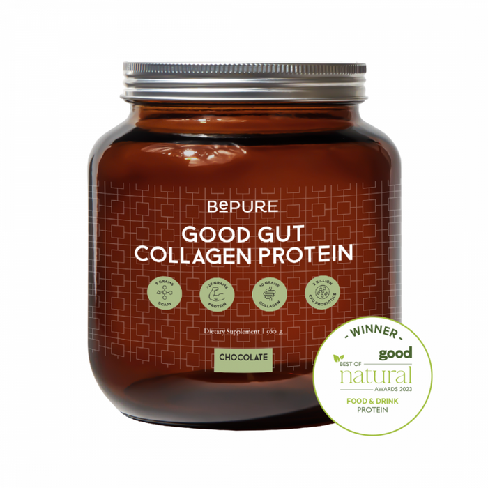 BePure Good Gut Collagen Protein Chocolate 560g glass jar