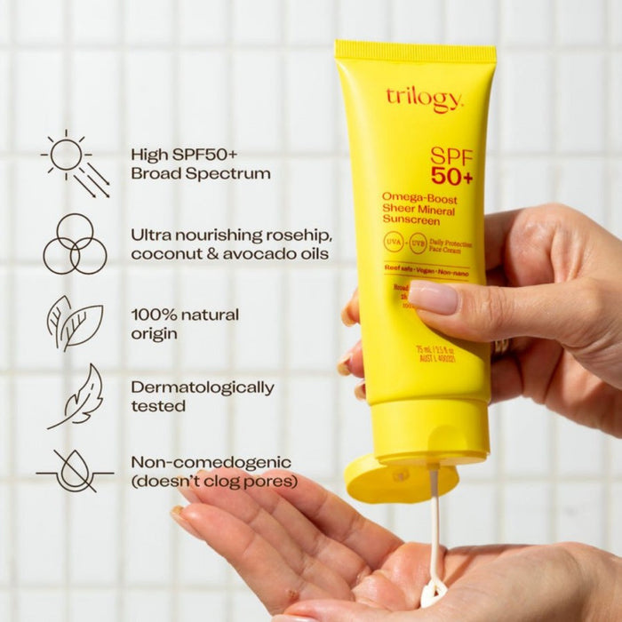 Trilogy SPF 50+ Omega-Boost Sheer Mineral Sunscreen 75ml - The Health Shop