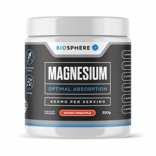 Biosphere Magnesium Powder 400mg 60 serve tub, Mango Pineapple - The Health Shop