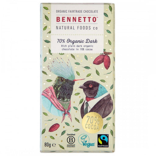 Bennetto 70% Organic Dark Chocolate 80g - The Health Shop