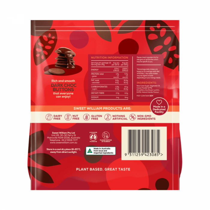 Sweet William Vegan Dark Choc Buttons 300g