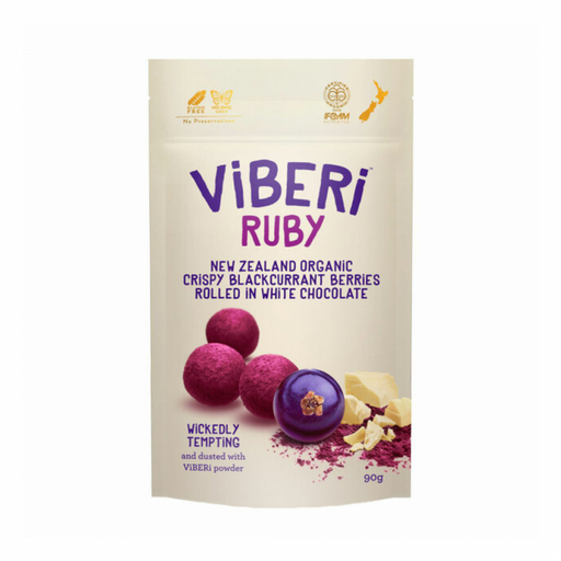 ViBERi RUBY, Organic White Chocolate Rolled Blackcurrants 90g - The Health Shop