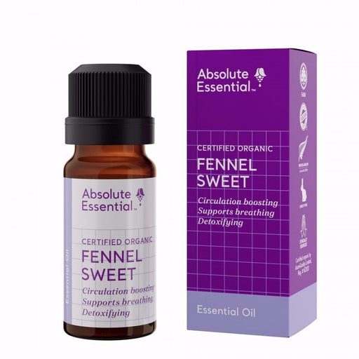 Absolute Essential organic fennel essential oil in a bottle with packaging highlighting detoxifying benefits