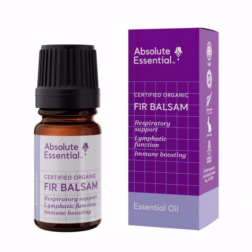 Absolute Essential organic fir balsam essential oil in a brown bottle with a purple box, promotes respiratory support