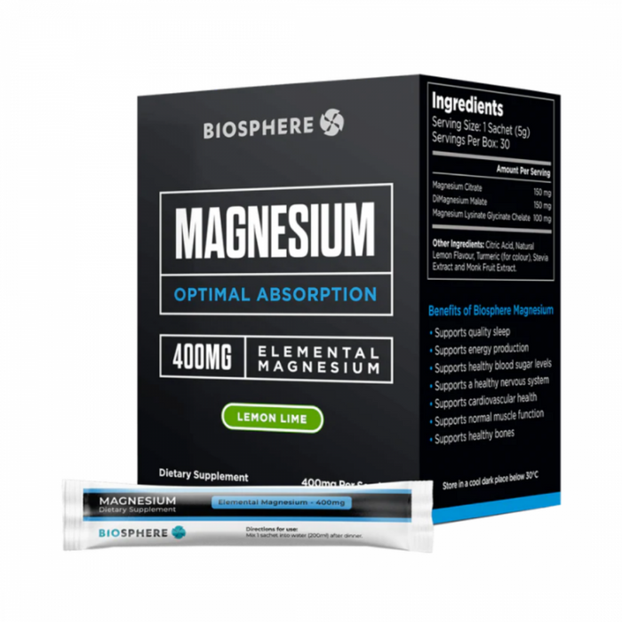 Biosphere Magnesium 400mg 30 sachets, Lemon Lime - The Health Shop