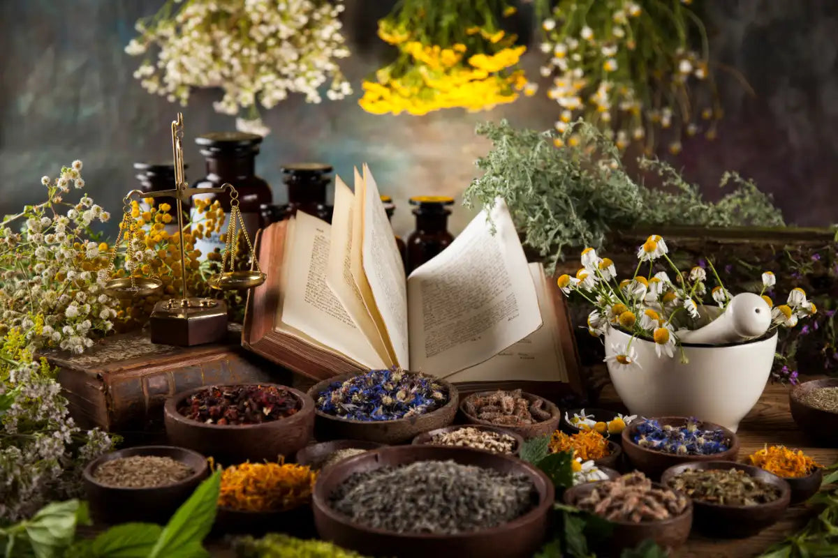 Health Shop with book and natural herbal remedies 